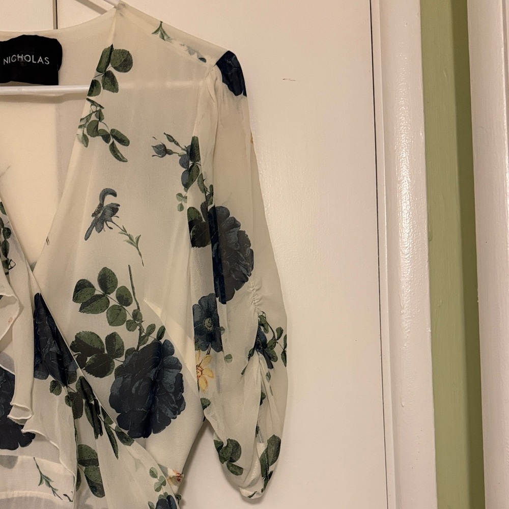 NICHOLAS Silk Wrap Floral Midi Dress - White and Blue - Picture 5 of 9